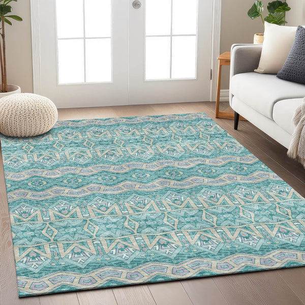 Homeroots 3' Stylish Moroccan Area Rug In Artichoke Green, Gray & Ivory - Washable For Indoor & Outdoor Use 3' X 5' Polyester 594346