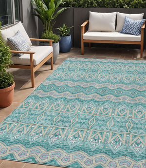 Homeroots 3' Stylish Moroccan Area Rug In Artichoke Green, Gray & Ivory - Washable For Indoor & Outdoor Use 5' X 8' Polyester 594347