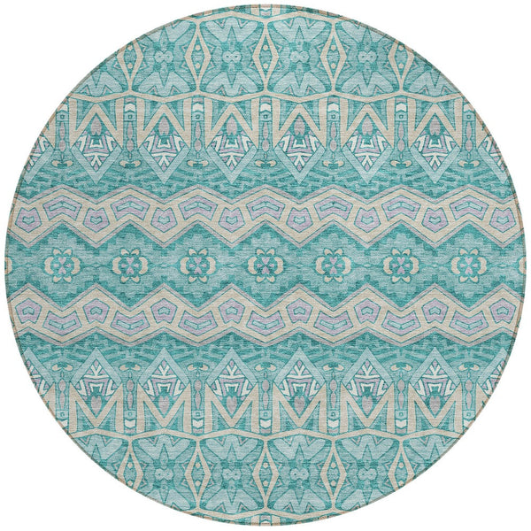 Homeroots 3' Stylish Moroccan Area Rug In Artichoke Green, Gray & Ivory - Washable For Indoor & Outdoor Use 8' Round Polyester 594348