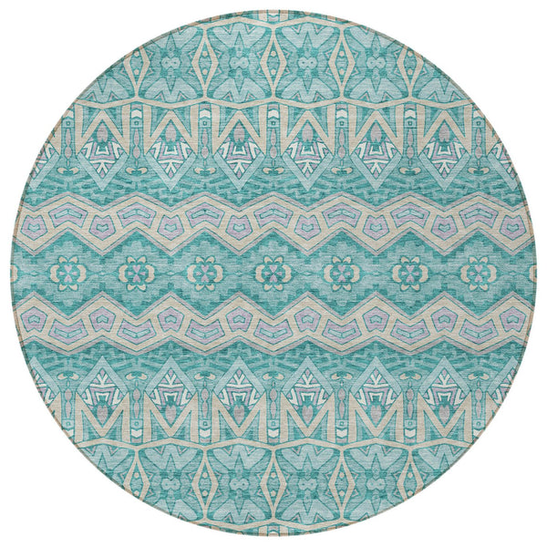 Homeroots 3' Stylish Moroccan Area Rug In Artichoke Green, Gray & Ivory - Washable For Indoor & Outdoor Use 8' Round Polyester 594348