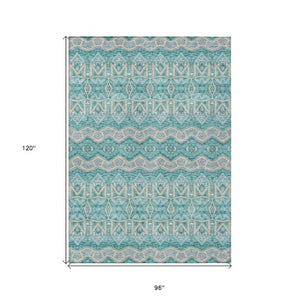 Homeroots 3' Stylish Moroccan Area Rug In Artichoke Green, Gray & Ivory - Washable For Indoor & Outdoor Use 8' X 10' Polyester 594349