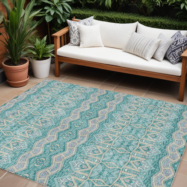 Homeroots 3' Stylish Moroccan Area Rug In Artichoke Green, Gray & Ivory - Washable For Indoor & Outdoor Use 8' X 10' Polyester 594349