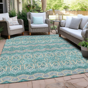 Homeroots 3' Stylish Moroccan Area Rug In Artichoke Green, Gray & Ivory - Washable For Indoor & Outdoor Use 10' X 14' Polyester 594351
