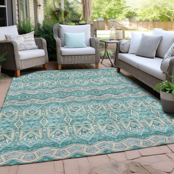 Homeroots 3' Stylish Moroccan Area Rug In Artichoke Green, Gray & Ivory - Washable For Indoor & Outdoor Use 10' X 14' Polyester 594351