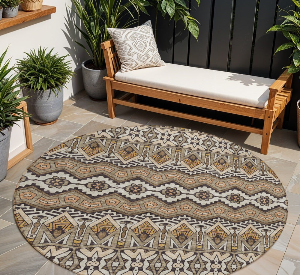 HomeRoots 5' Taupe Brown and Ivory Moroccan Area Rug - Durable, Washable Design for Indoor and Outdoor Use 8' Round 594354
