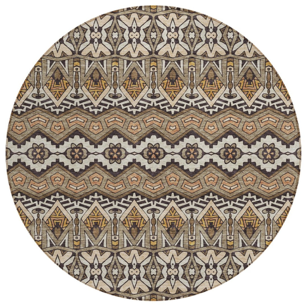 HomeRoots 5' Taupe Brown and Ivory Moroccan Area Rug - Durable, Washable Design for Indoor and Outdoor Use 8' Round 594354
