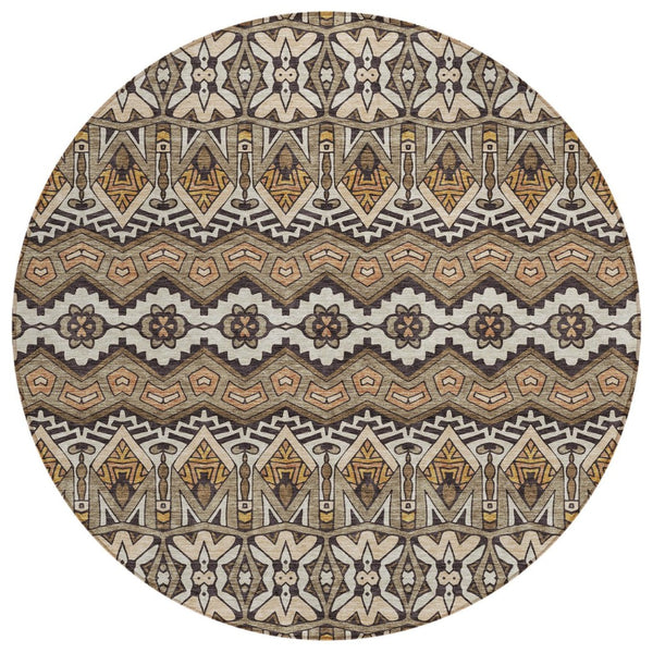 HomeRoots 5' Taupe Brown and Ivory Moroccan Area Rug - Durable, Washable Design for Indoor and Outdoor Use 8' Round 594354