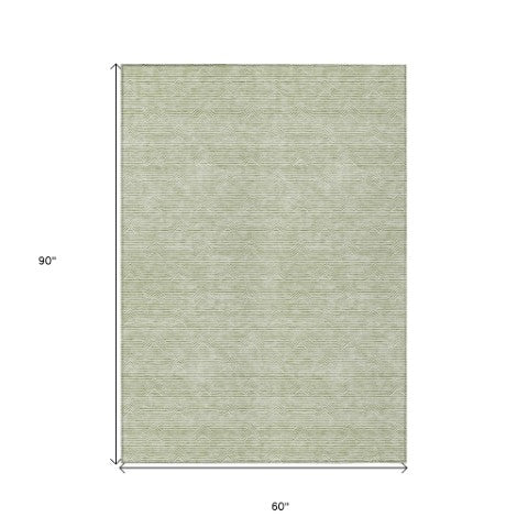 Homeroots 3' Artichoke Green & Ivory Geometric Washable Area Rug For Indoor And Outdoor Spaces, Durable Design 5' X 8' Polyester 594359