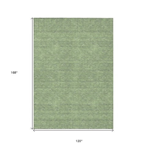 Homeroots 3' Artichoke Green & Ivory Geometric Washable Area Rug For Indoor And Outdoor Spaces, Durable Design 10' X 14' Polyester 594388