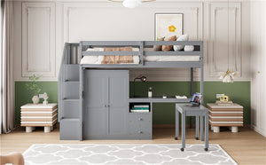 English Elm Queen Murphy Bed with Integrated Desk Cabinet Shelves Space Saving Studio Solution Gray N708S00013E