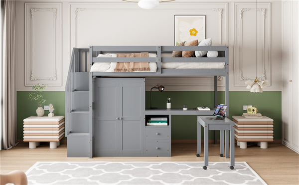 English Elm Queen Murphy Bed with Integrated Desk Cabinet Shelves Space Saving Studio Solution Gray N708S00013E