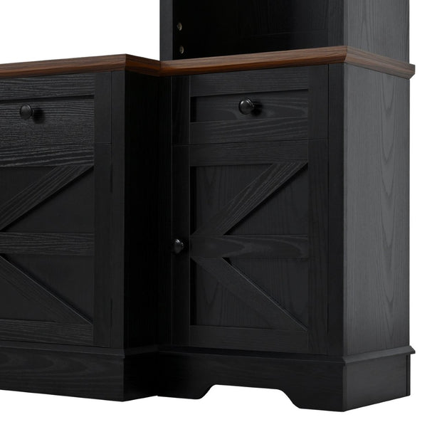 English Elm U-can Farmhouse Wall Unit with Barn Doors Built-in Power Outlets and Open Shelving Black+Brown SJ000154AAB