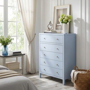 Butler Specialty Butler Nora 36 in. W Rectangular Wood 5 Drawer Tall Dresser with Soft-Close Drawers and Oak Finish Light Blue 5944522