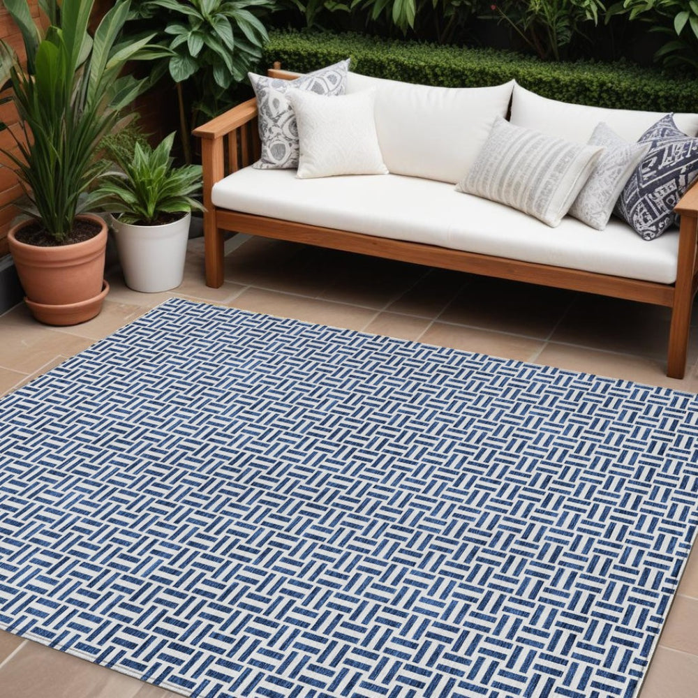 HomeRoots 5' Modern Navy Blue and Gray Geometric Area Rug - Durable, Washable for Indoor and Outdoor Spaces 10' X 14' 594490