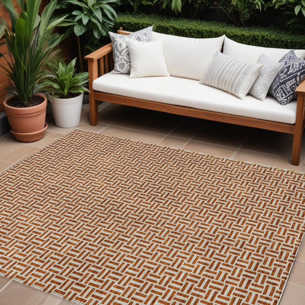 HomeRoots 5' Copper and Beige Geometric Indoor Outdoor Rug - Durable, Washable, Modern Style for Any Space 10' X 14' 594502