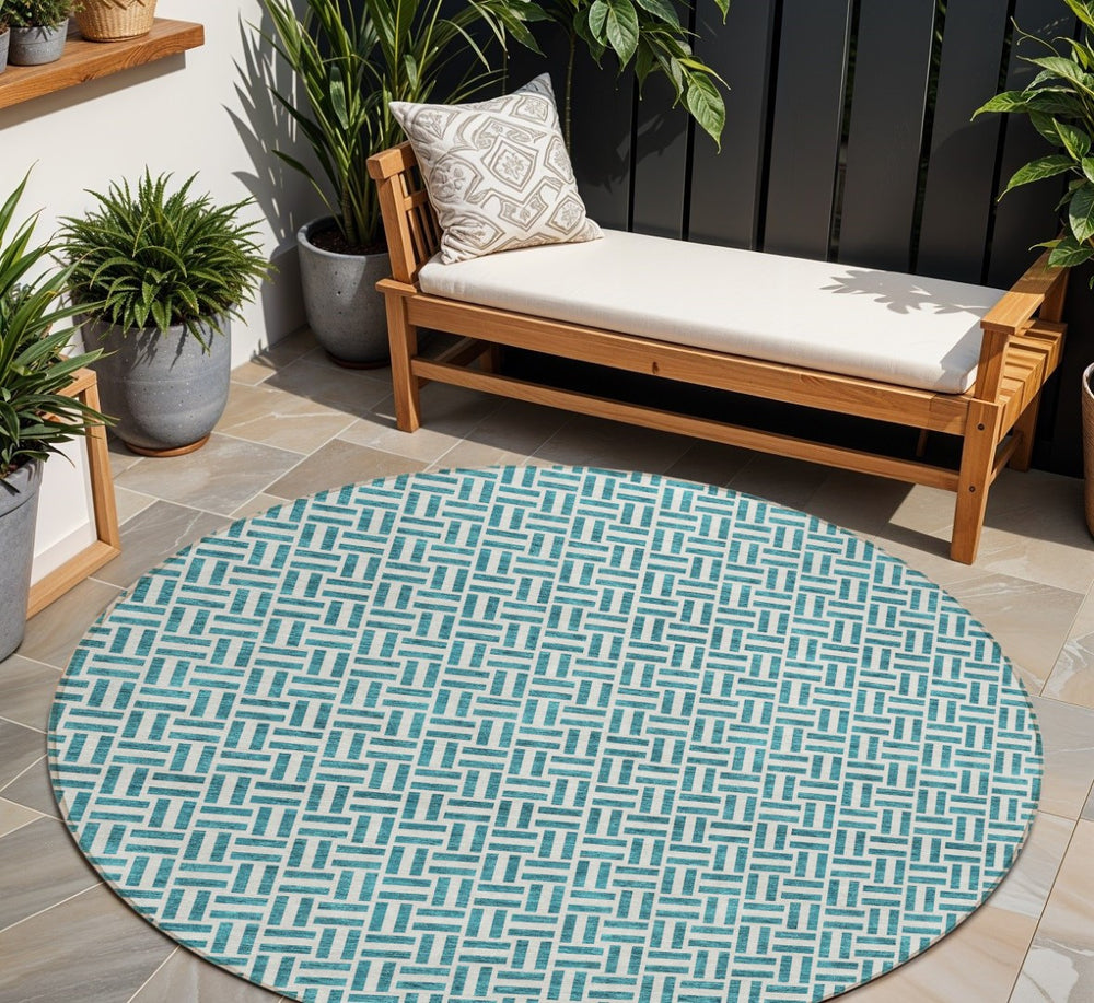 HomeRoots 5' Teal Blue and Silver Geometric Area Rug - Durable, Washable Design for Indoor and Outdoor Spaces 8' Round 594511