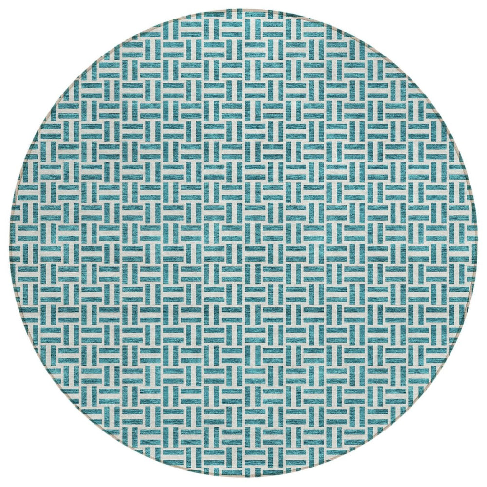 HomeRoots 5' Teal Blue and Silver Geometric Area Rug - Durable, Washable Design for Indoor and Outdoor Spaces 8' Round 594511