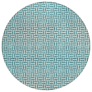 HomeRoots 5' Teal Blue and Silver Geometric Area Rug - Durable, Washable Design for Indoor and Outdoor Spaces 8' Round 594511