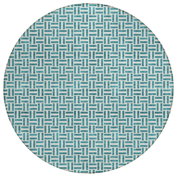 HomeRoots 5' Teal Blue and Silver Geometric Area Rug - Durable, Washable Design for Indoor and Outdoor Spaces 8' Round 594511