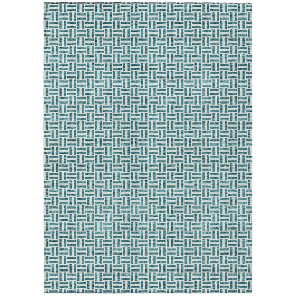 HomeRoots 9' Teal Blue and Silver Geometric Washable Area Rug for Indoor and Outdoor High-Traffic Spaces 9' X 12' 594513