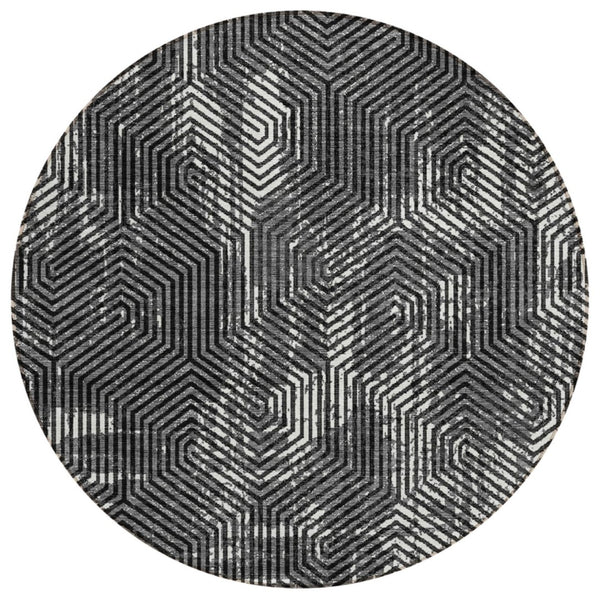HomeRoots 8' Black and Ivory Geometric Area Rug - Durable, Washable, Perfect for Indoor and Outdoor Spaces! 8' Round 594523