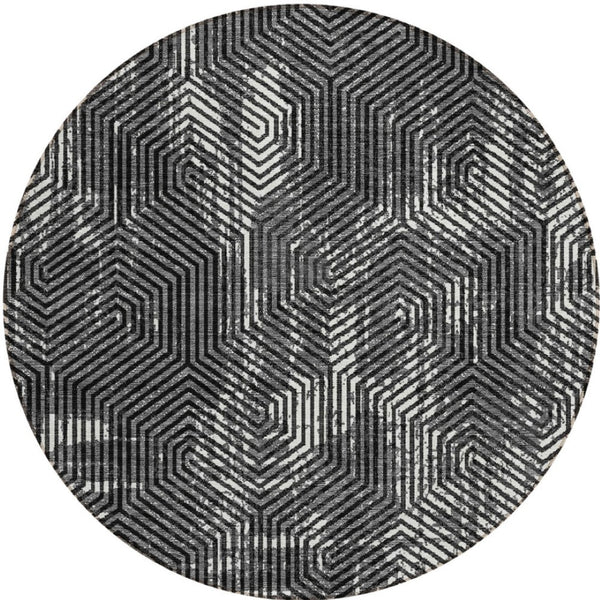Homeroots 3' Black And Ivory Geometric Washable Area Rug - Perfect For Indoor Outdoor Spaces, Durable Design 8' Round Polyester 594523