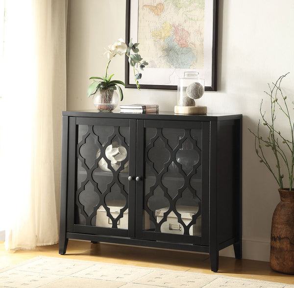 English Elm Ceara Black Finish Console Cabinet with Glass Doors, Tapered Wood Legs, Ample Storage for Entryway Decor B2726P255312