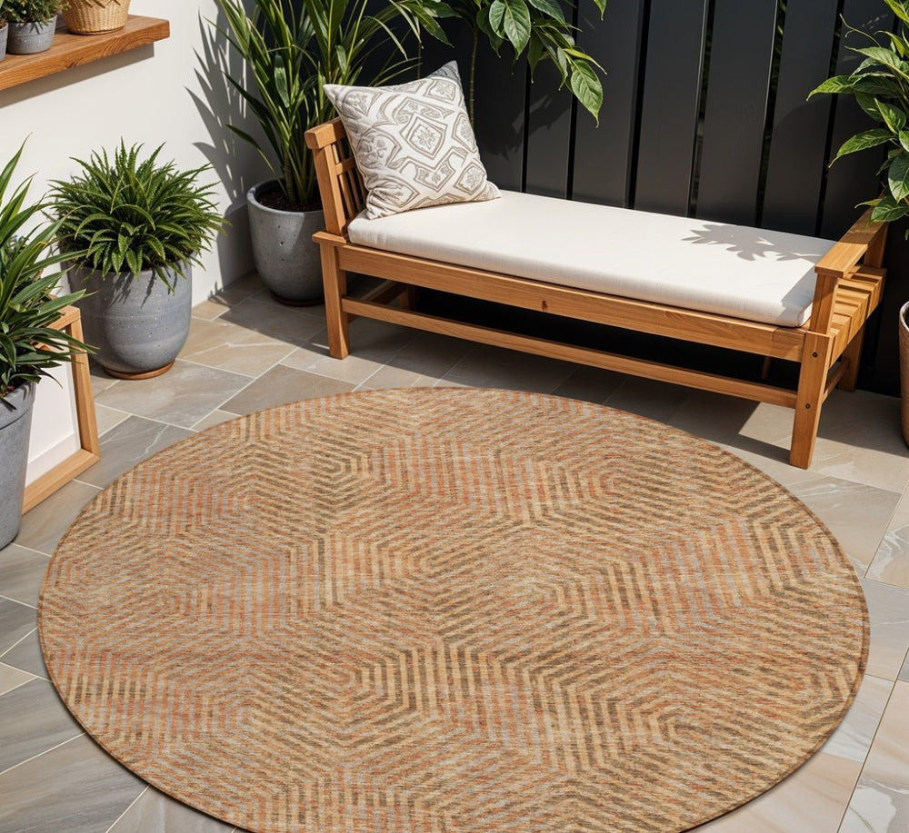 HomeRoots 5' Copper Brown and Beige Geometric Area Rug – Durable, Washable, Versatile for Indoor & Outdoor Use 8' Round 594535