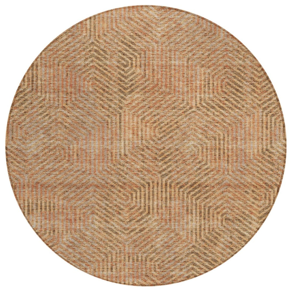 HomeRoots 5' Copper Brown and Beige Geometric Area Rug – Durable, Washable, Versatile for Indoor & Outdoor Use 8' Round 594535