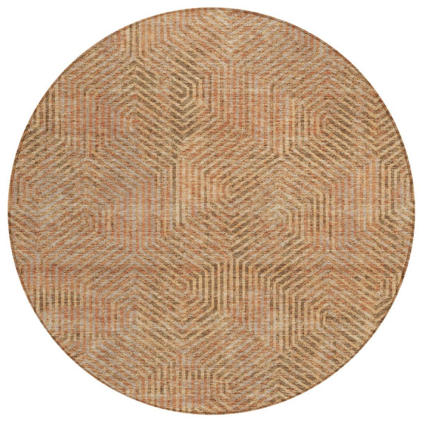 HomeRoots 5' Copper Brown and Beige Geometric Area Rug – Durable, Washable, Versatile for Indoor & Outdoor Use 8' Round 594535