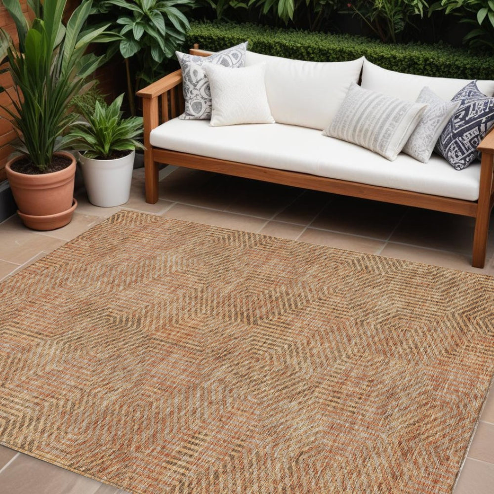 HomeRoots 9' X 12' Geometric Indoor Outdoor Area Rug - Stylish Copper Brown & Beige, Washable, Durable Design 594537