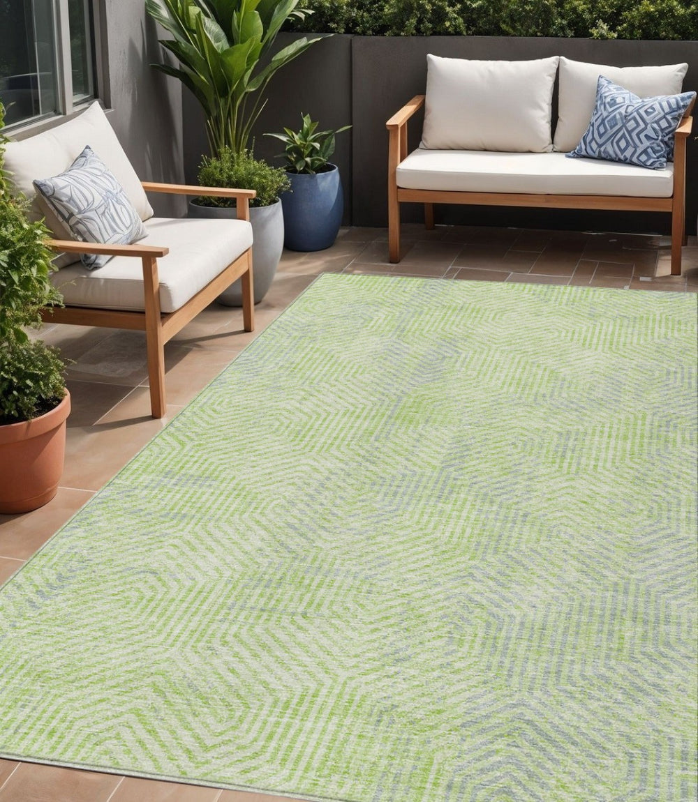 HomeRoots 5' Vibrant Lime Green Gray Ivory Geometric Washable Indoor Outdoor Area Rug for Stylish Spaces 5' X 8' 594564