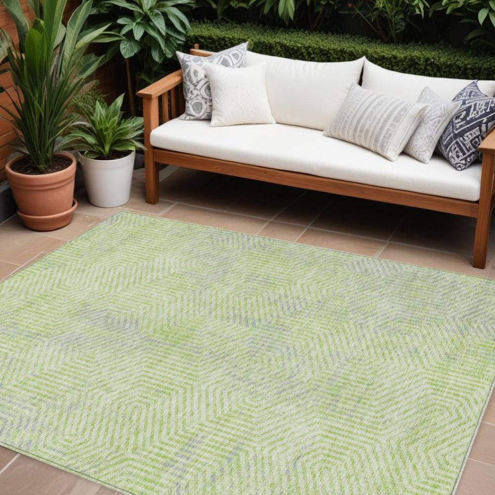 HomeRoots 9' Geometric Lime Green, Gray & Ivory Washable Area Rug – Durable Indoor/Outdoor Design for Any Space 594567