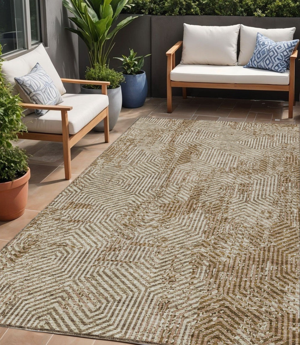HomeRoots 5' Durable Brown and Beige Geometric Indoor Outdoor Area Rug - Stylish, Washable, Versatile Design 5' X 8' 594570
