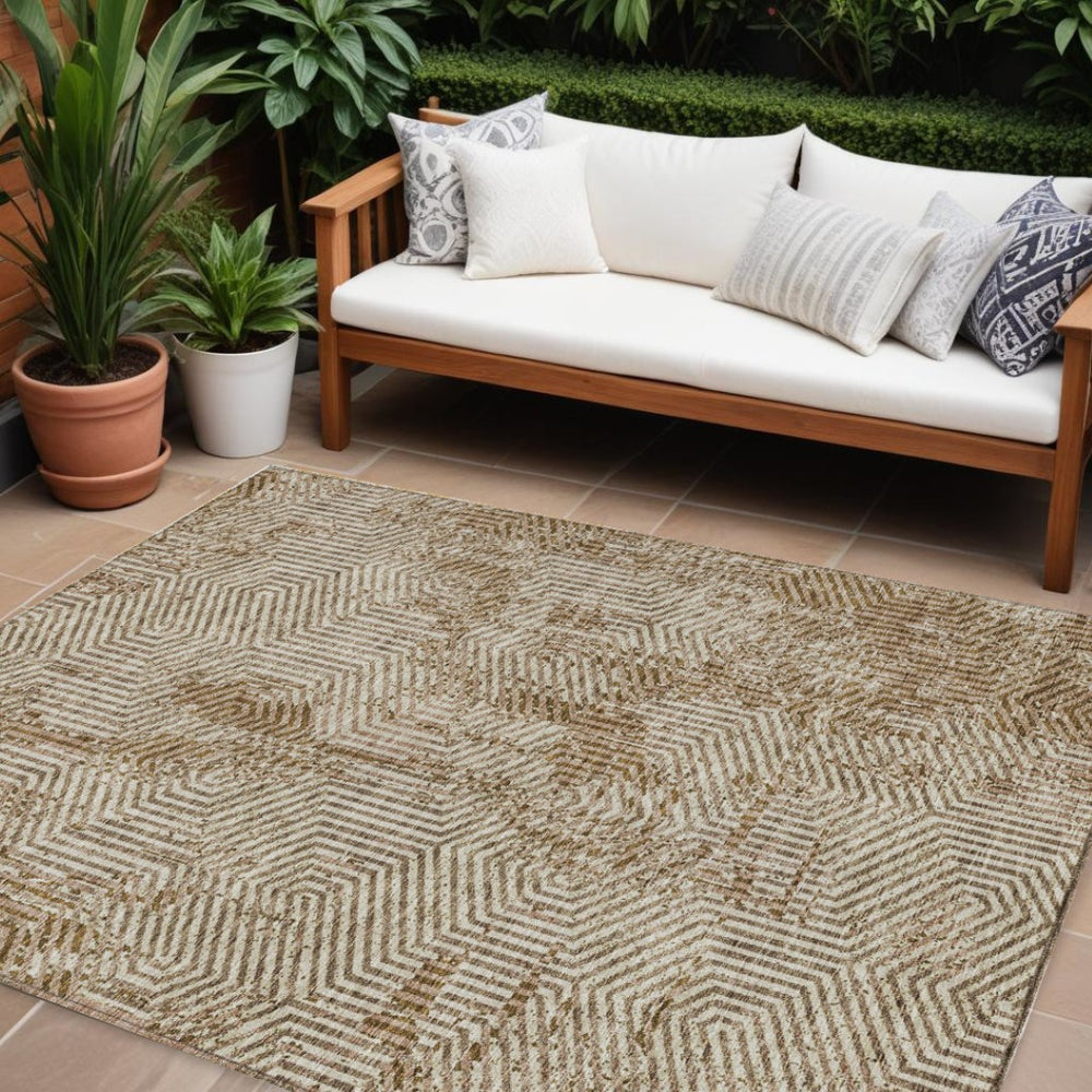 HomeRoots 9' X 12' Washable Brown and Beige Geometric Area Rug | Stylish Indoor/Outdoor Durable Design 594573