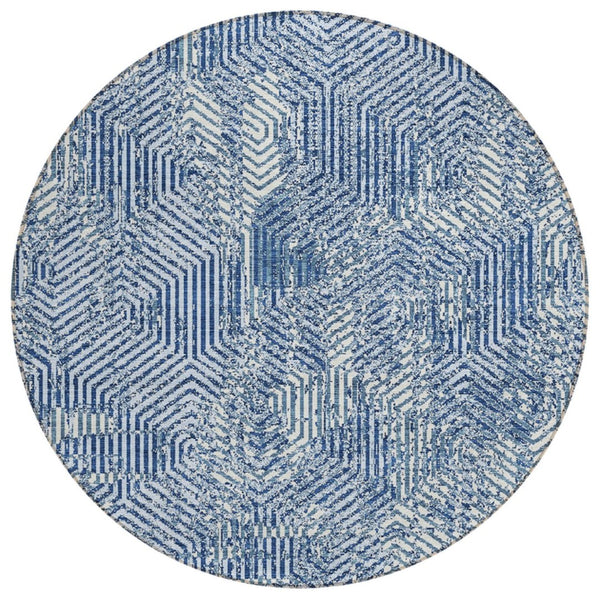 HomeRoots 5' Navy Blue and Ivory Geometric Area Rug – Stylish, Washable Design for Indoor and Outdoor Spaces 8' Round 594577