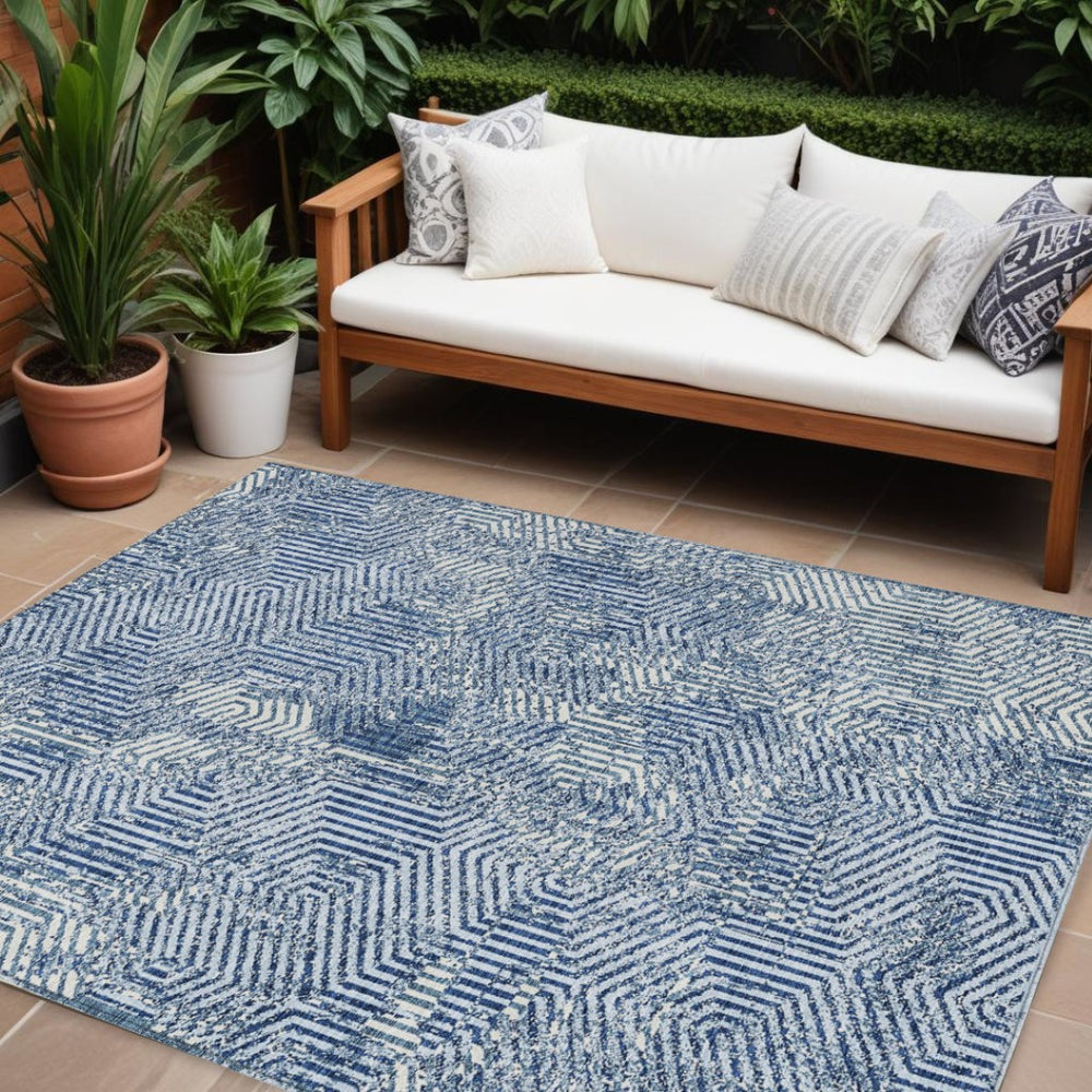 HomeRoots 9' X 12' Navy Blue & Ivory Geometric Area Rug – Stylish, Washable, Indoor/Outdoor for High Traffic Spaces 594579