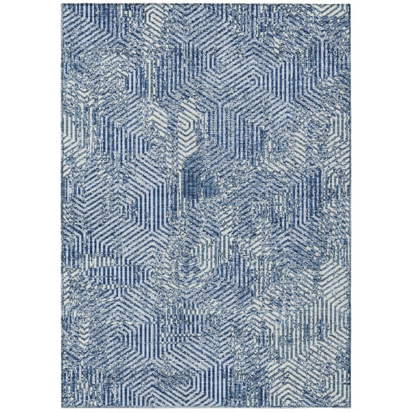 HomeRoots 9' X 12' Navy Blue & Ivory Geometric Area Rug – Stylish, Washable, Indoor/Outdoor for High Traffic Spaces 594579