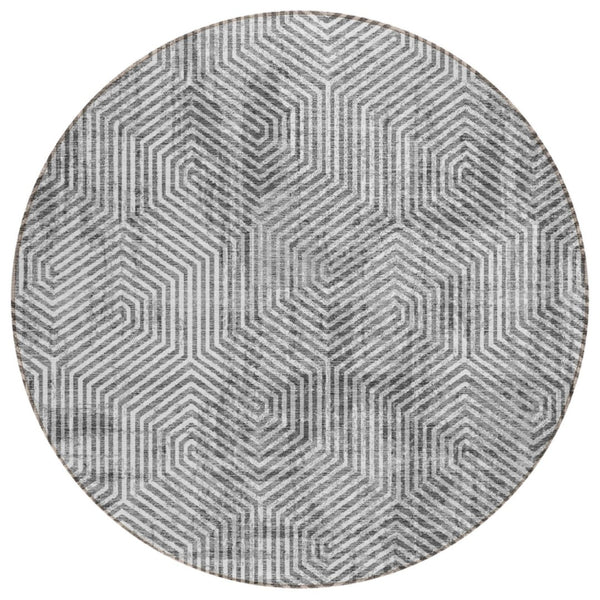HomeRoots 5' Stylish Silver and Gray Geometric Washable Area Rug for Indoor and Outdoor High-Traffic Spaces 8' Round 594583