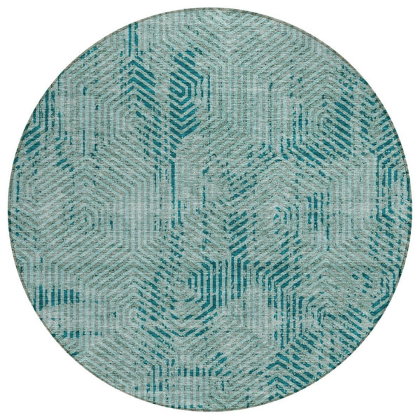 HomeRoots 5' Teal Blue and Gray Geometric Indoor-Outdoor Area Rug - Durable, Stylish, and Easy to Clean! 8' Round 594589