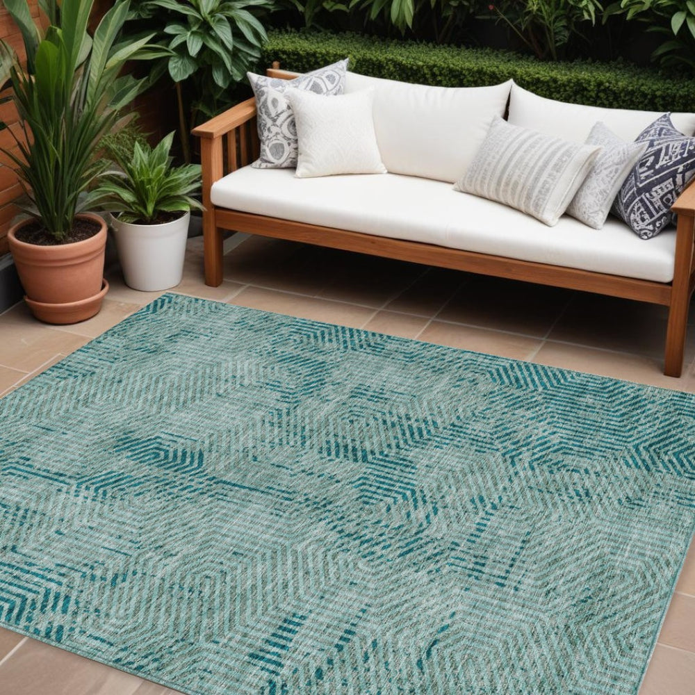 HomeRoots 5' Teal Blue and Gray Geometric Indoor-Outdoor Area Rug - Durable, Stylish, and Easy to Clean! 10' X 14' 594592