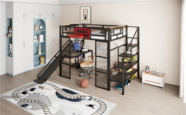 English Elm Full Full Size Metal Loft Bed with Built-In Desk, Slide, Basketball Hoop and Open Wardrobe Storage Black GX001524AAB