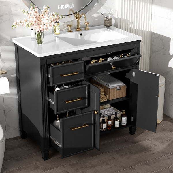 English Elm Christopher Knight Home® - 36" Freestanding 36-inch Modern Bathroom Vanity with Ceramic Sink, Ample Storage, Solid Legs, Durable Finish Black N759P284623B