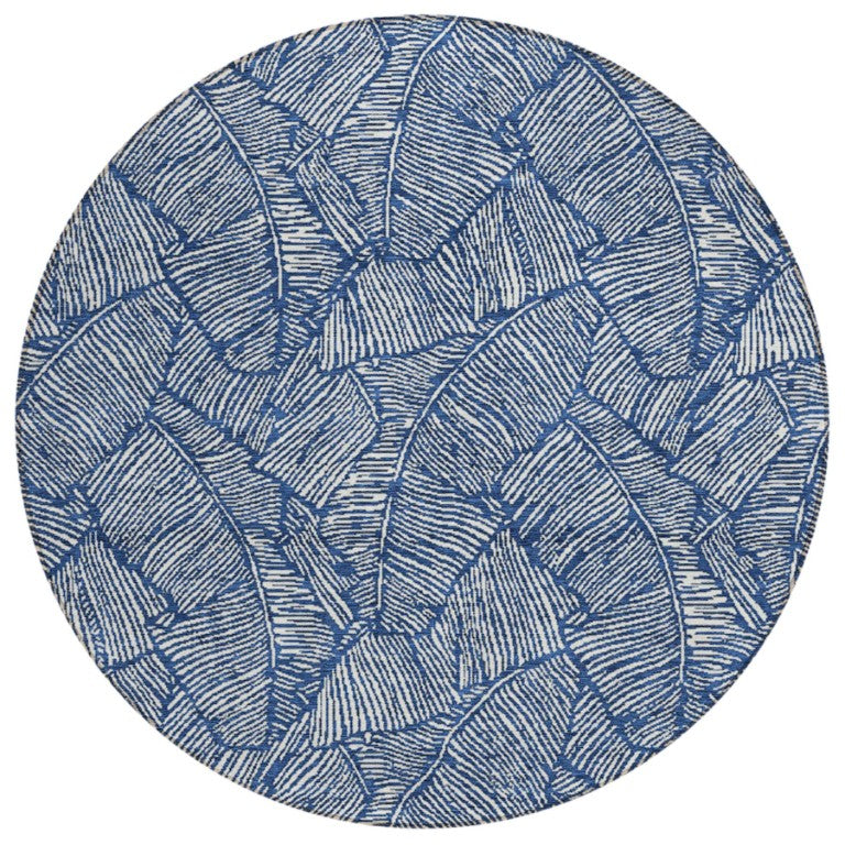 HomeRoots 8 Ft Round Floral Polyester Area Rug Washable Indoor Outdoor Navy Ivory 594643