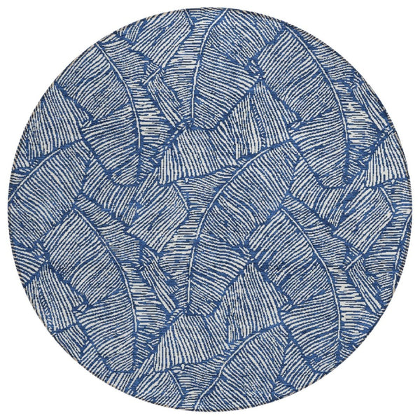 HomeRoots 5' Navy Blue and Ivory Floral Area Rug - Durable, Washable Design for Indoor and Outdoor Spaces 8' Round 594643