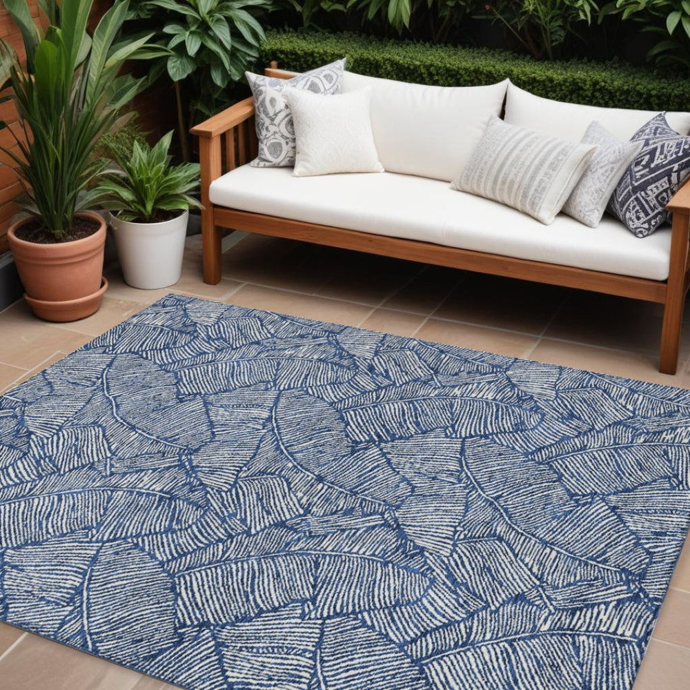 HomeRoots 9' X 12' Navy Blue Floral Area Rug - Stylish, Washable & Durable for Indoor/Outdoor Spaces! 594645