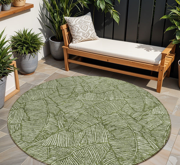 Homeroots 3' Artichoke Green Floral Area Rug - Washable, Durable, Perfect For Indoor & Outdoor Spaces! 8' Round Polyester 594649