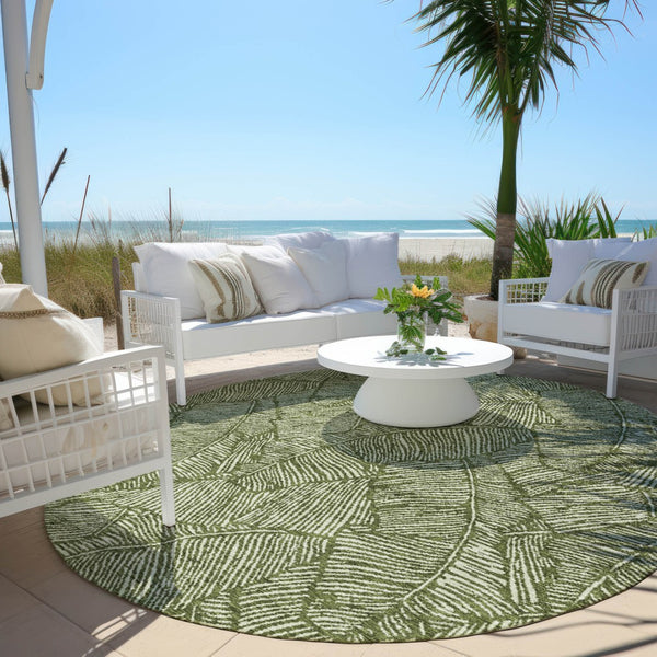Homeroots 3' Artichoke Green Floral Area Rug - Washable, Durable, Perfect For Indoor & Outdoor Spaces! 8' Round Polyester 594649