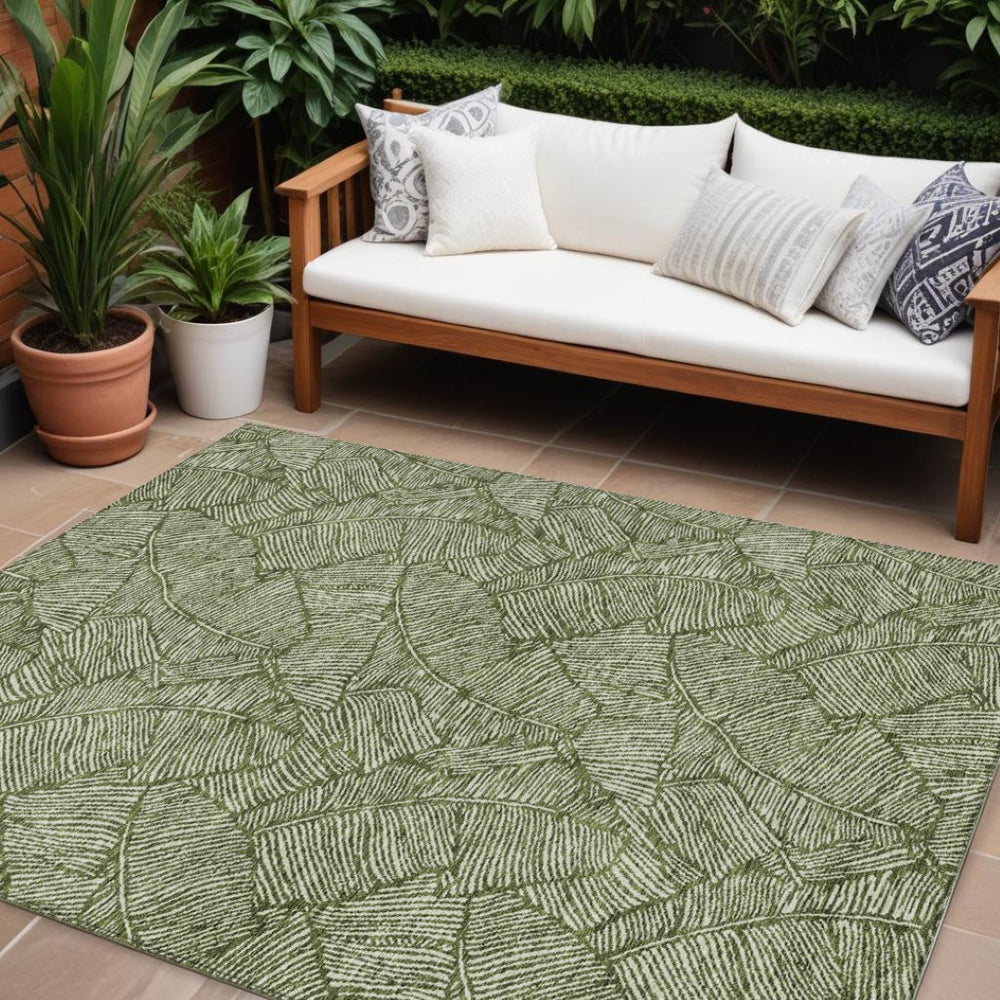 HomeRoots 5' Olive Green Floral Area Rug - Durable, Washable, Indoor/Outdoor Design for High-Traffic Spaces 8' X 10' 594650