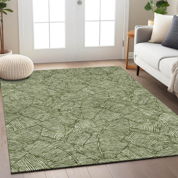 Homeroots 3' Artichoke Green Floral Area Rug - Washable, Durable, Perfect For Indoor & Outdoor Spaces! 9' X 12' Polyester 594651